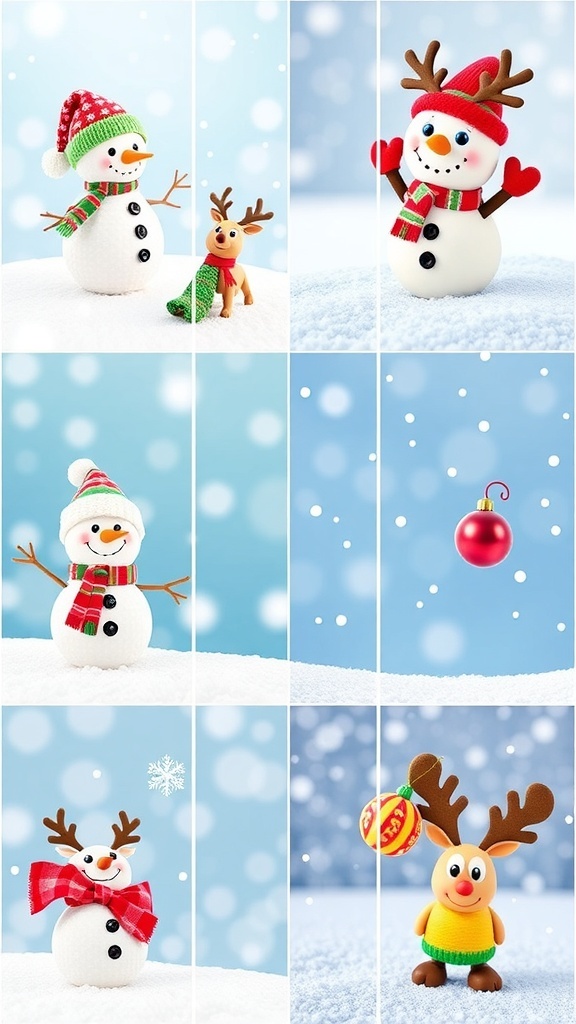 A variety of cute 3D Christmas wallpapers with snowmen, reindeer, and ornaments on a snowy background.